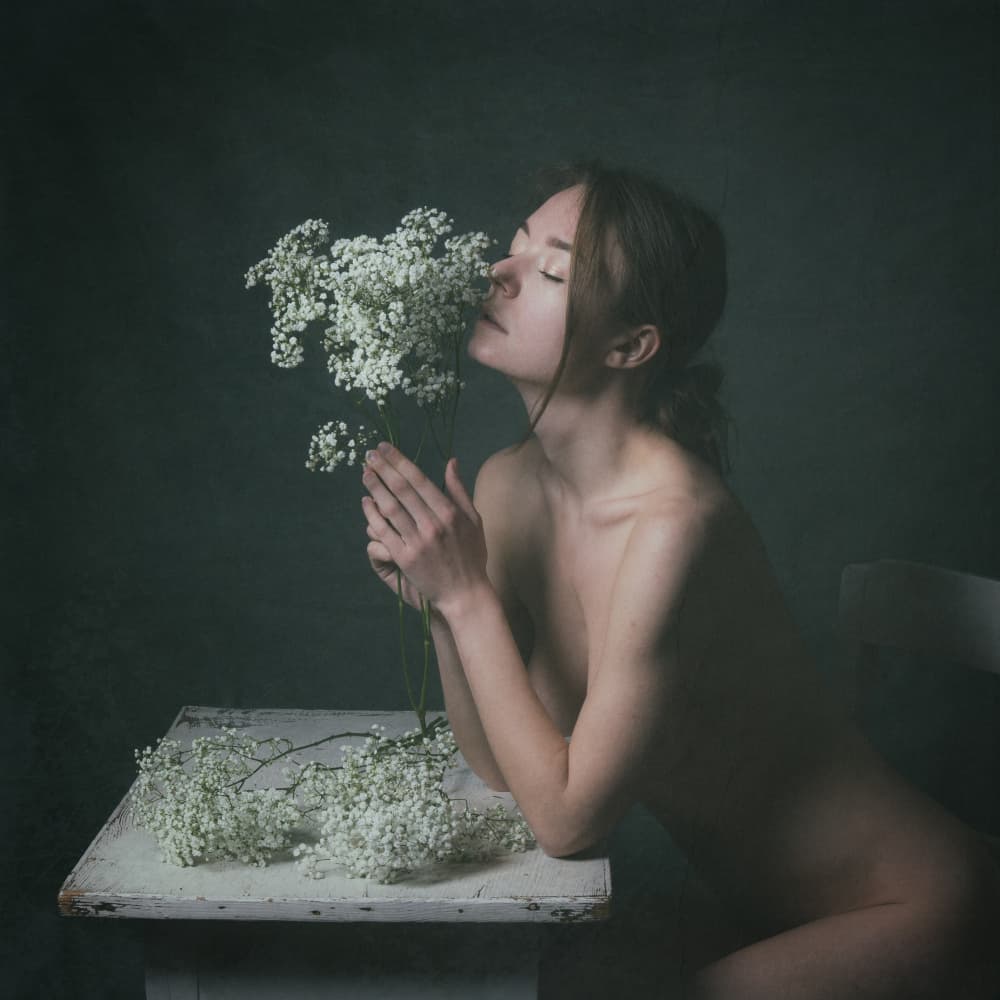Contemplative Nude Flowers by Ruth Franke — canvas wall art