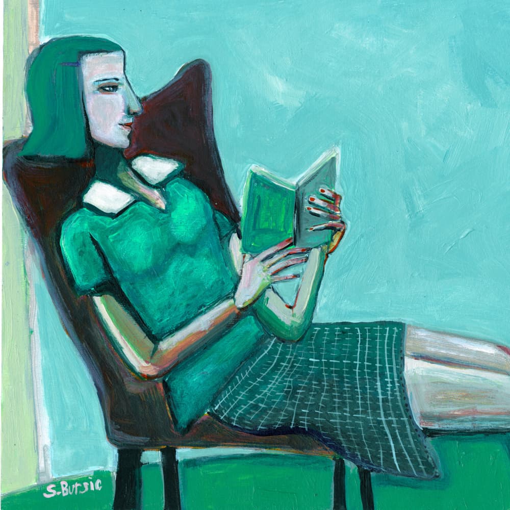 Green Woman Reading by Sharyn Bursic — canvas wall art