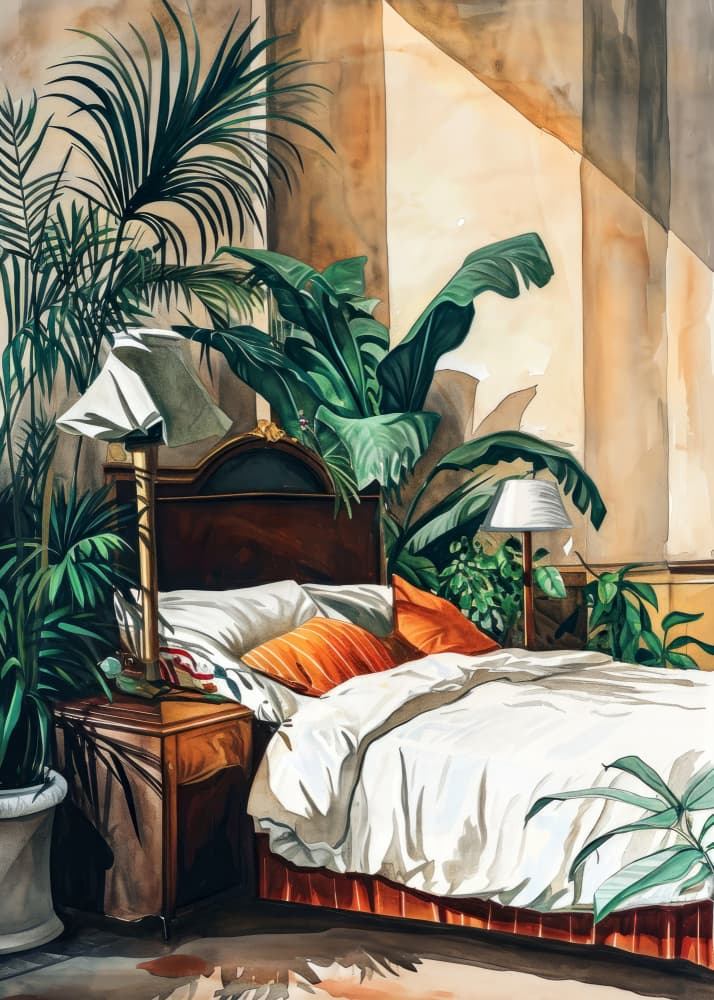 Lush Tropical Bedroom by Justyna Jaszke — canvas wall art