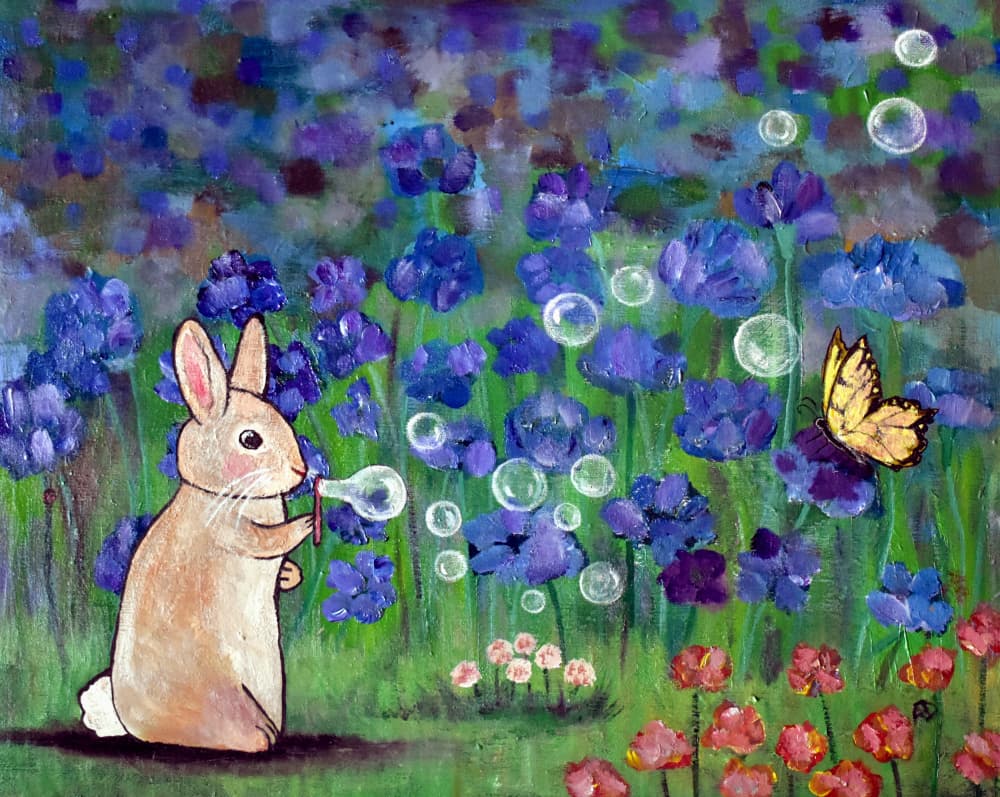 Whimsical Bunny Garden Bubbles by Andrea Doss — canvas wall art