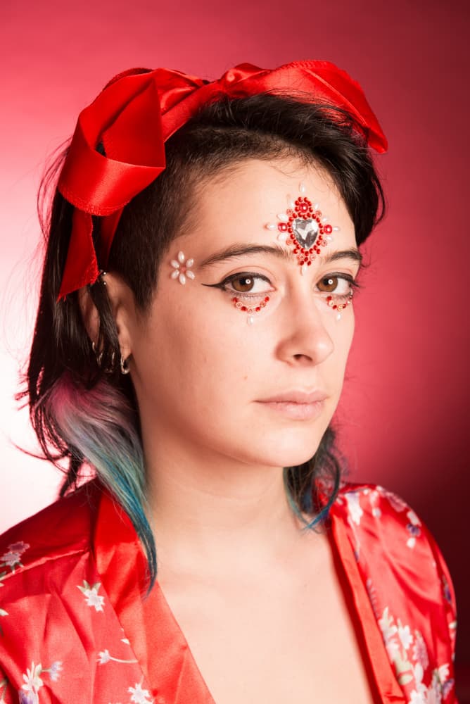 Red Bow Jeweled Portrait by Julia Ramiro — canvas wall art