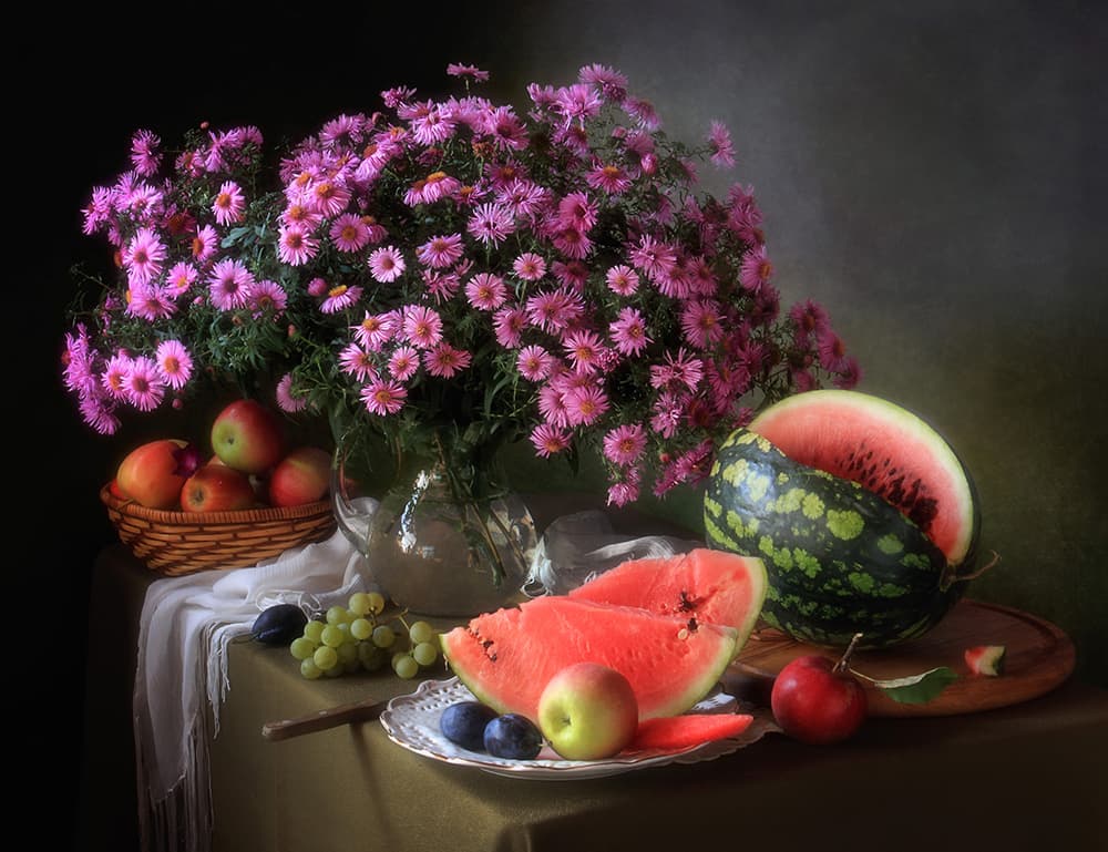 Aster Flowers and Fruit by Tatyana Skorokhod — canvas wall art