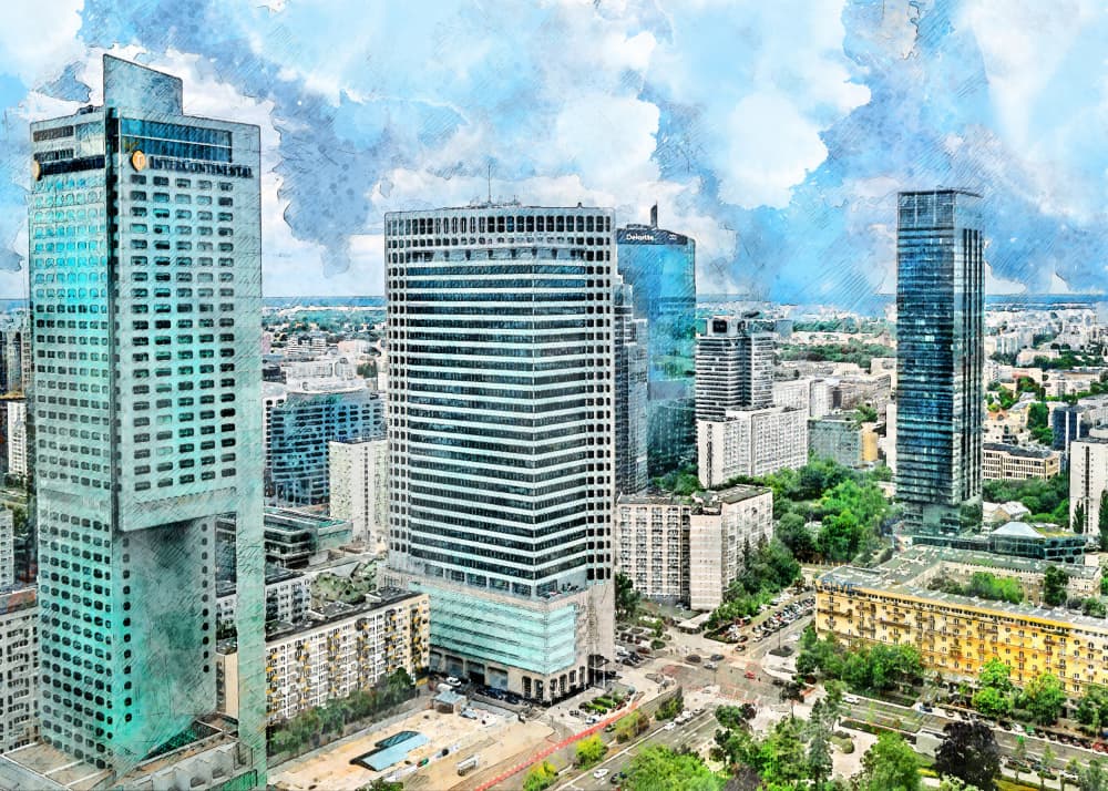 Warsaw City Watercolor Art Poland (14) by Justyna Jaszke — canvas wall art