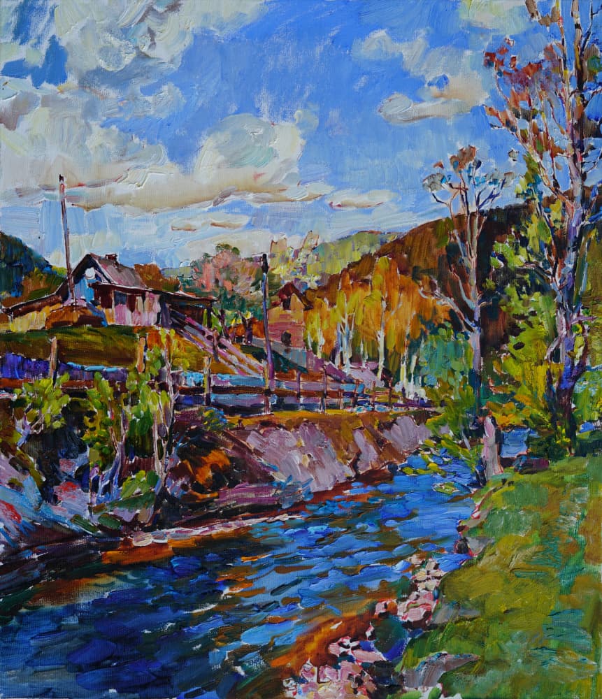 Vibrant Mountain River Village by Andrii Kutsachenko — canvas wall art