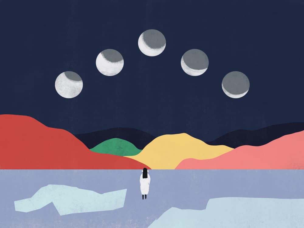 Woman Watching Moon Phases by Little Dean — canvas wall art