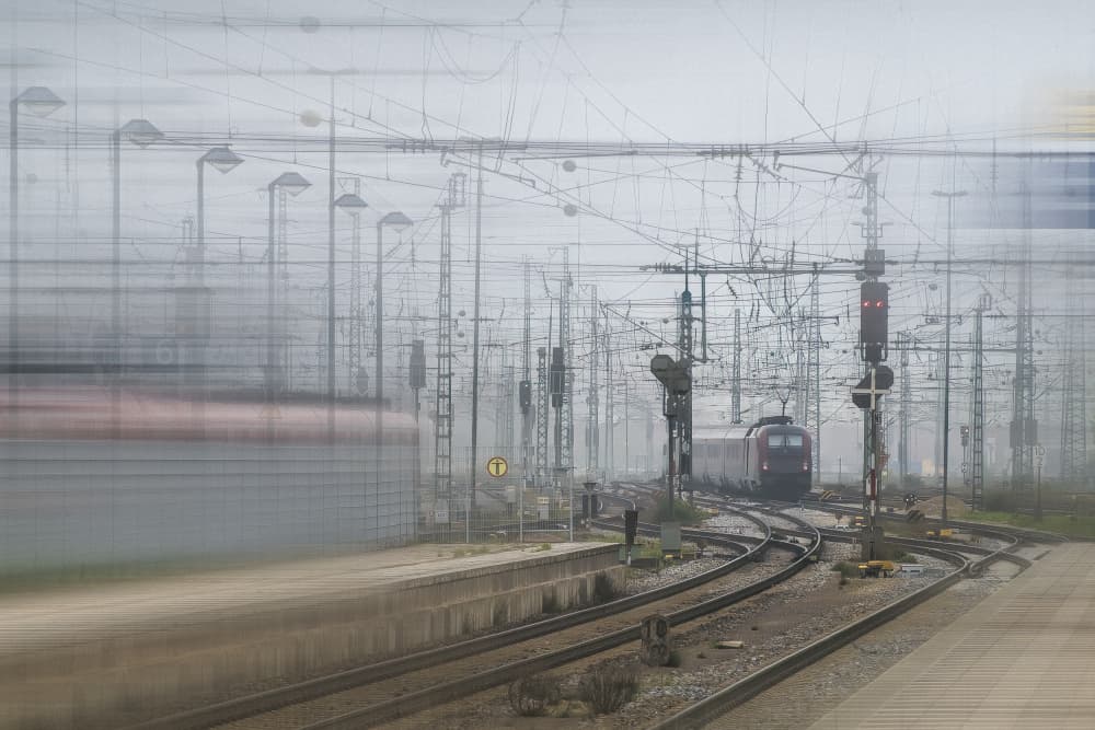 Misty Train Station Motion by Dieter Reichelt — canvas wall art