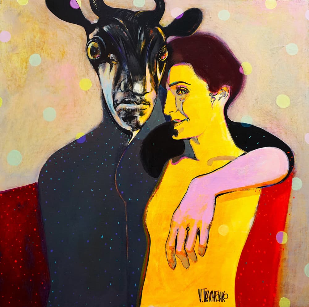 Couple with Horned Figure by Victor Tkachenko — canvas wall art