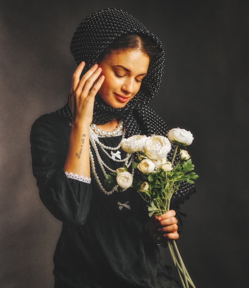 Elegant Woman White Flowers by Offer Ellbogen — canvas wall art