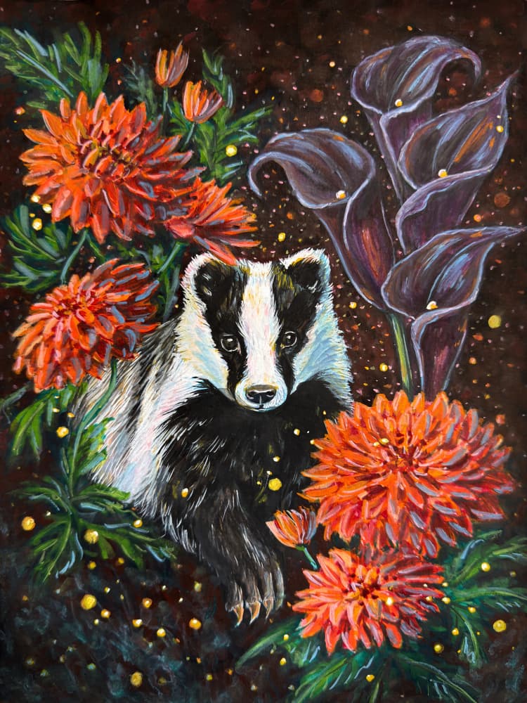 Magical Badger Blooms by Renee Machan Cottagecore Artist — canvas wall art