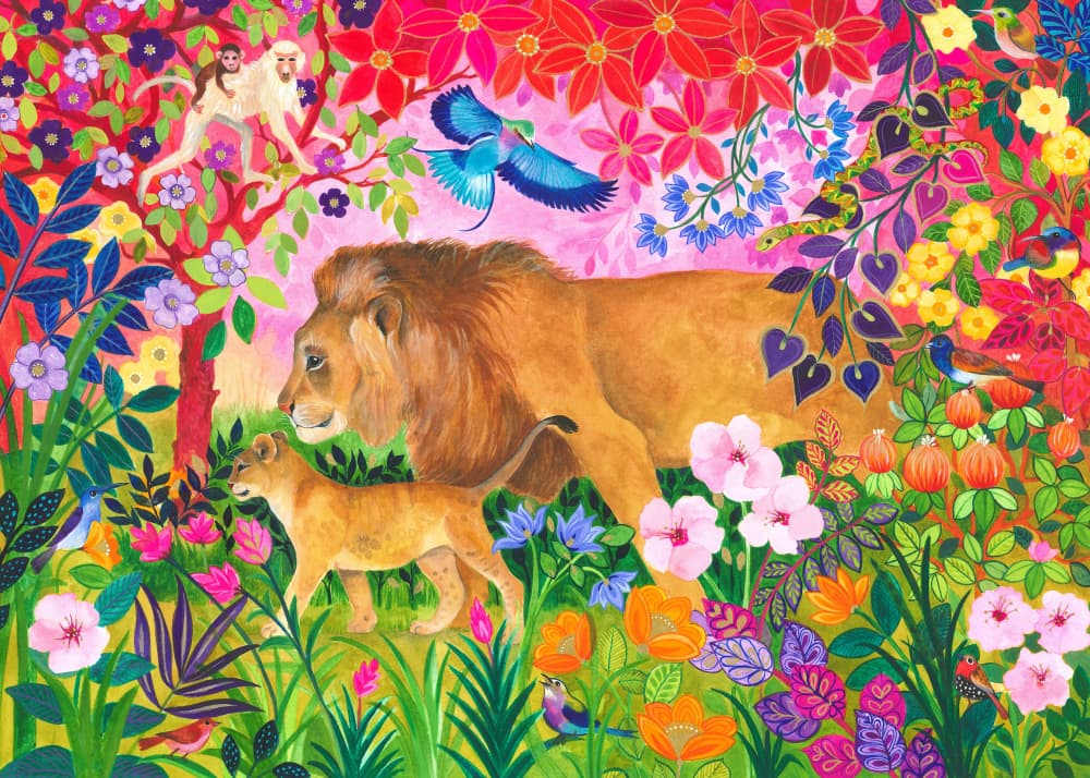 Lion And Cub Surrounded By Colorful Flowers by Isabelle Brent — canvas wall art