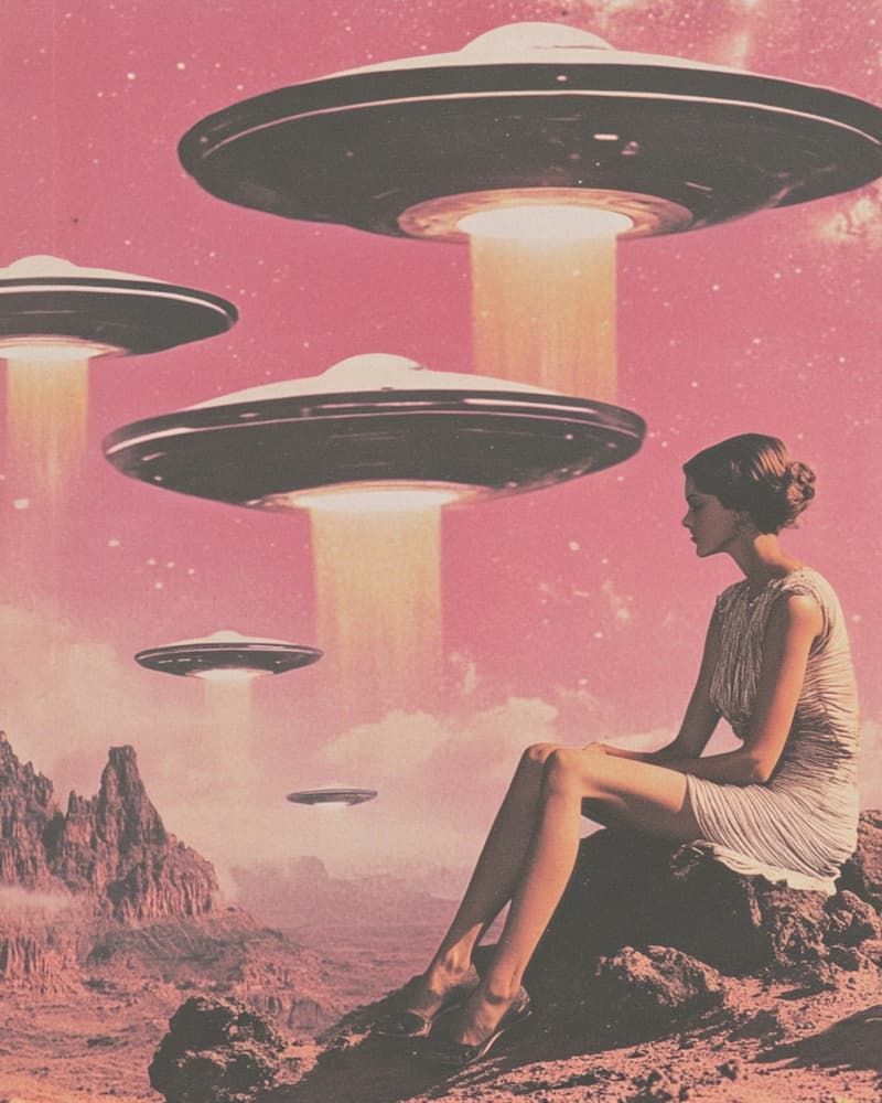 Woman Views Pink UFOs by Samantha Hearn — canvas wall art