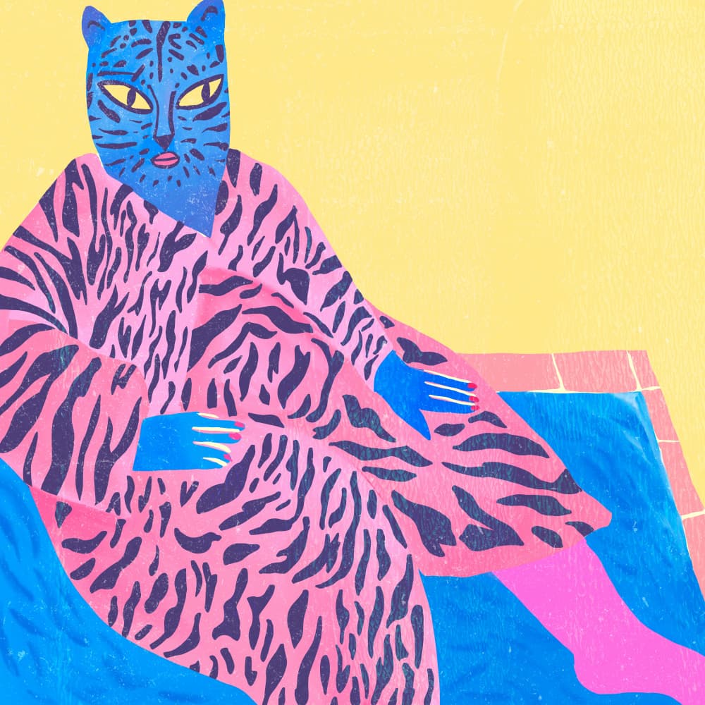 Blue Cat Pink Stripes by The Printable Studio — canvas wall art