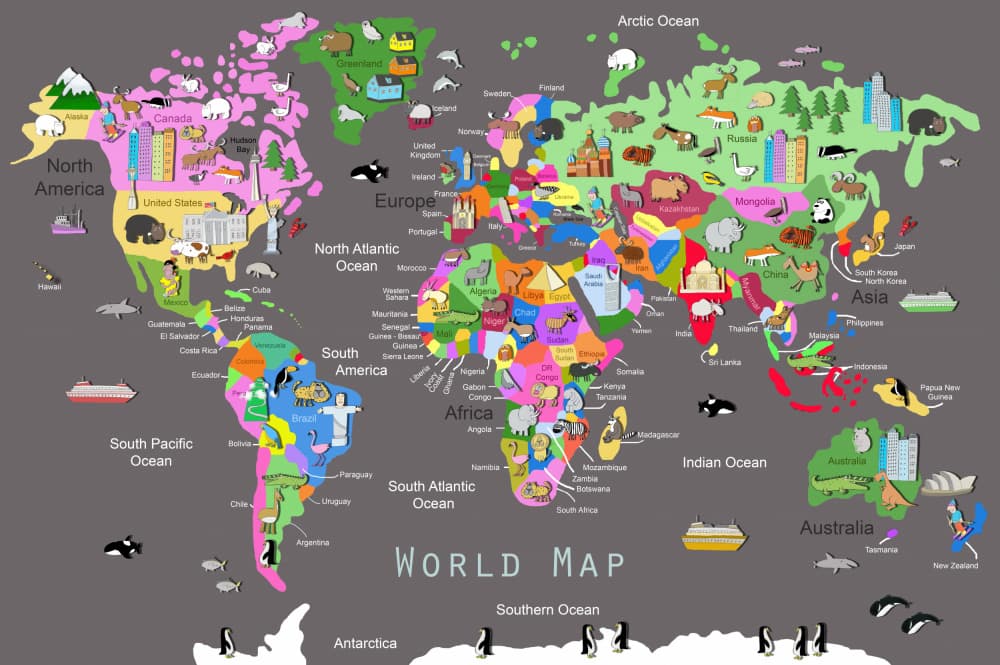 Playful Animal World Map by Carla Daly — canvas wall art