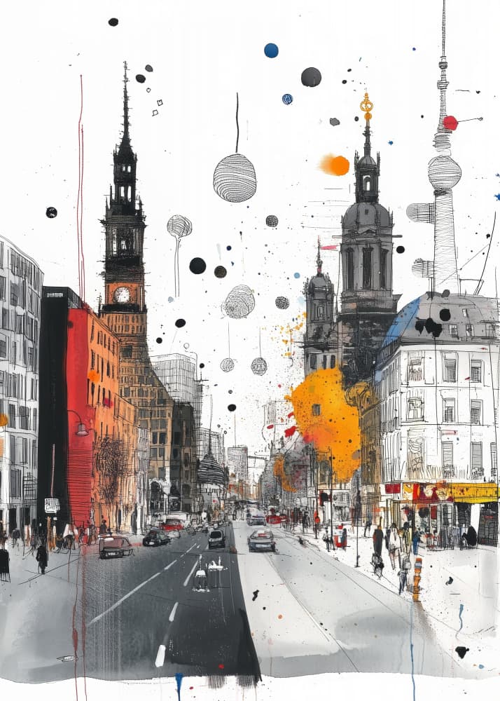 Vibrant City Street Sketch by Justyna Jaszke — canvas wall art