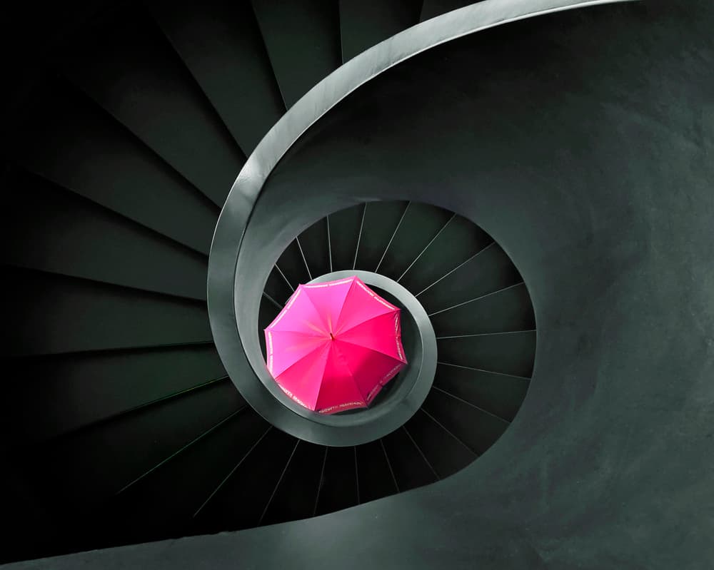 Pink Umbrella Spiral Stairs by Jorge Pimenta — canvas wall art