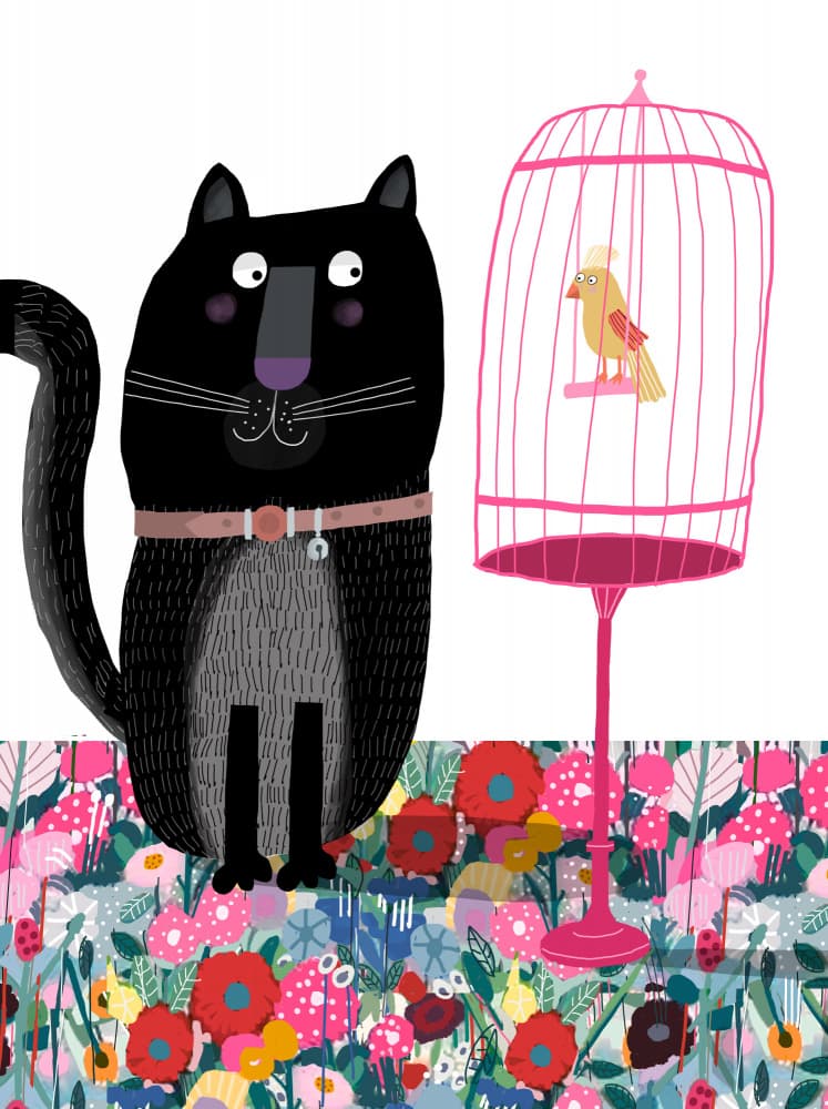 Curious Cat and Bird by Carla Daly — canvas wall art
