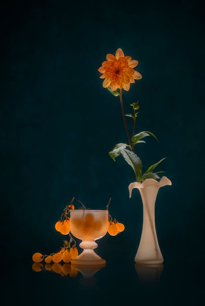 Warm Dahlia Still Life by Lydia Jacobs — canvas wall art