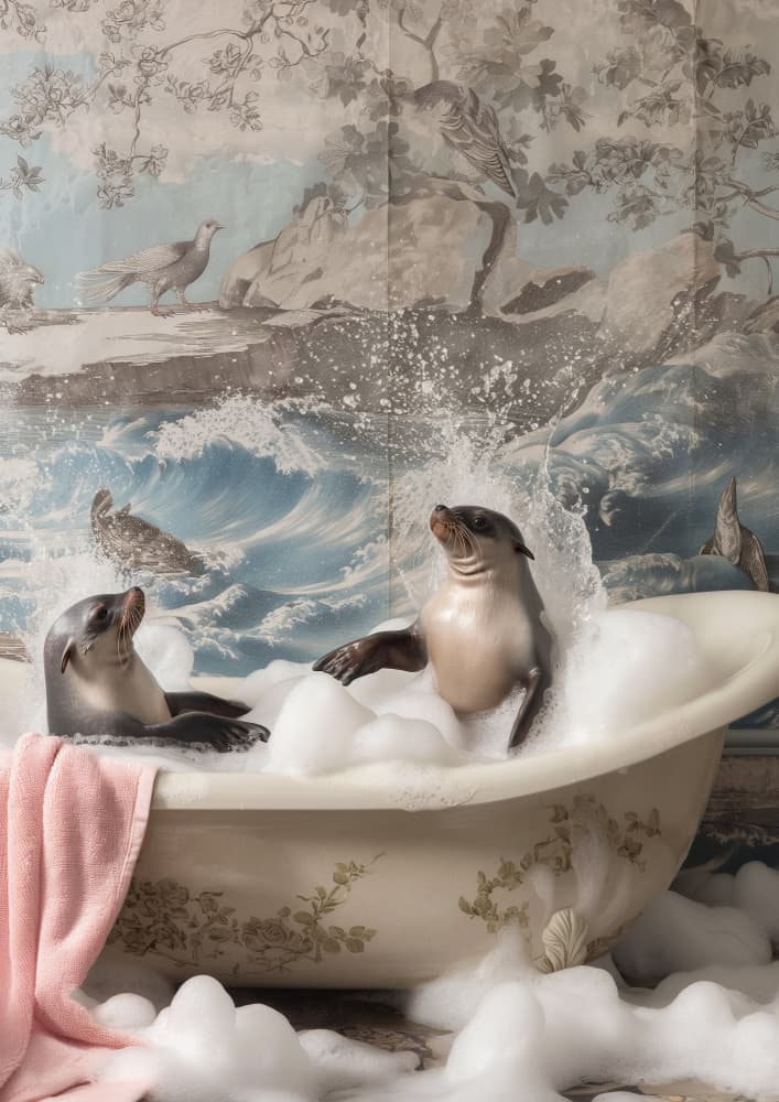 Seals Take a Bubble Bath by Niky Rahner — canvas wall art