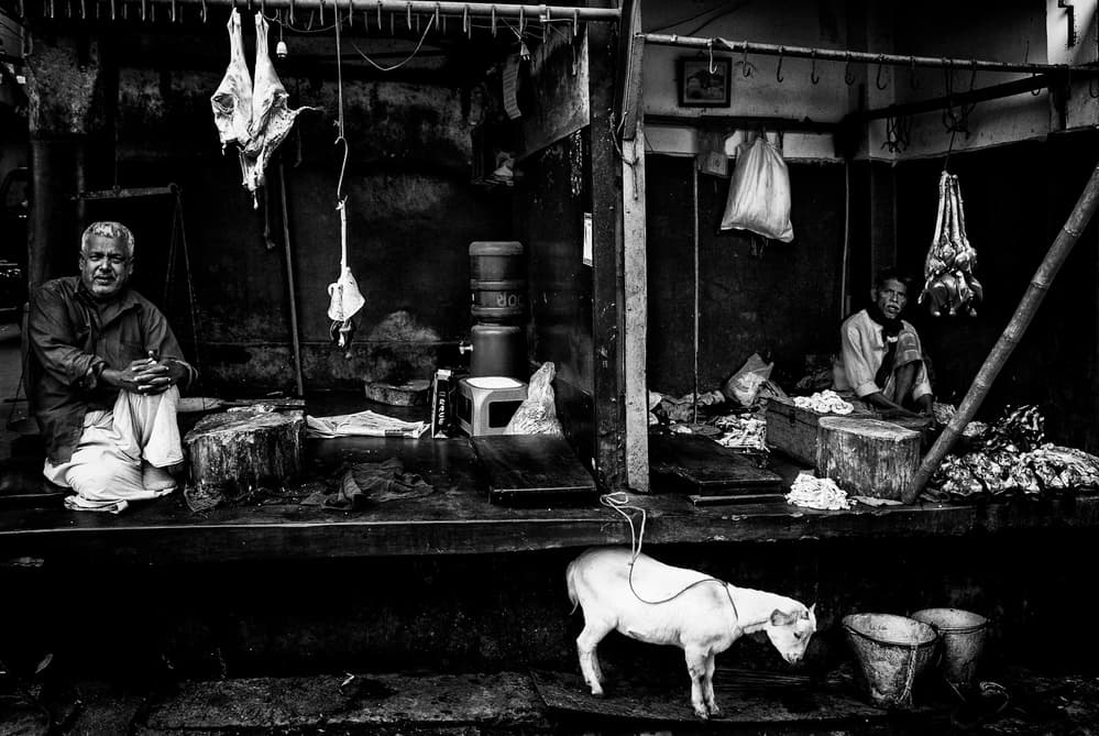 Market Butchers With Goat by Joxe Inazio Kuesta Garmendia — canvas wall art
