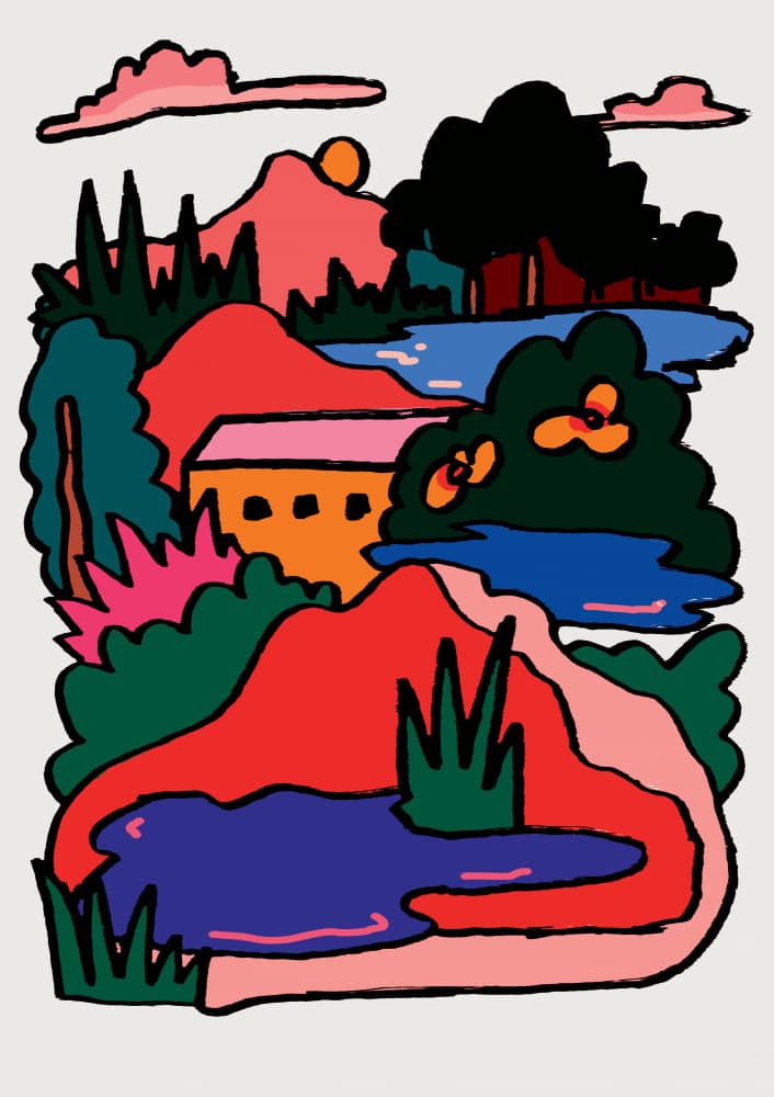 Vibrant Mountain Lake House by Will Da Costa — canvas wall art