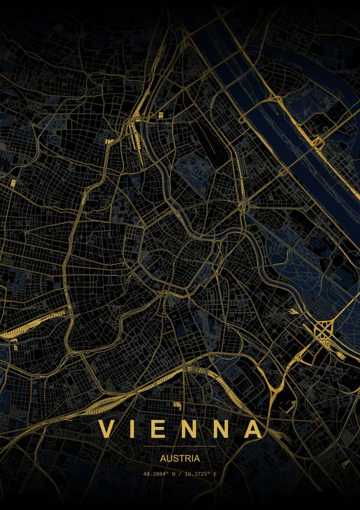 Golden Vienna City Map by HUGO — canvas wall art