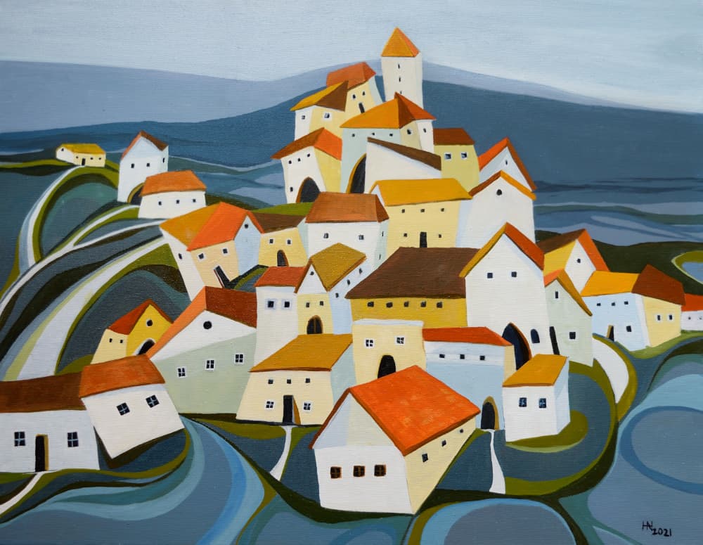 Colorful Hillside Village by Aniko Hencz — canvas wall art