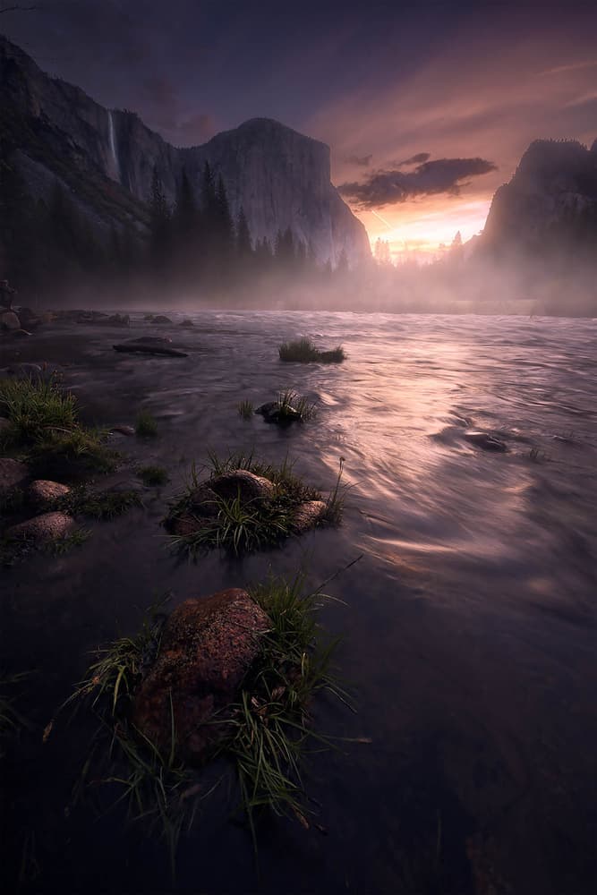 Misty River Sunset by Johnny Chen — canvas wall art