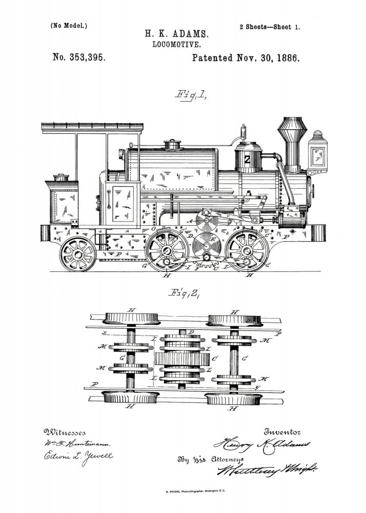 Vintage Locomotive Patent Drawing by Andreas Magnusson — canvas wall art