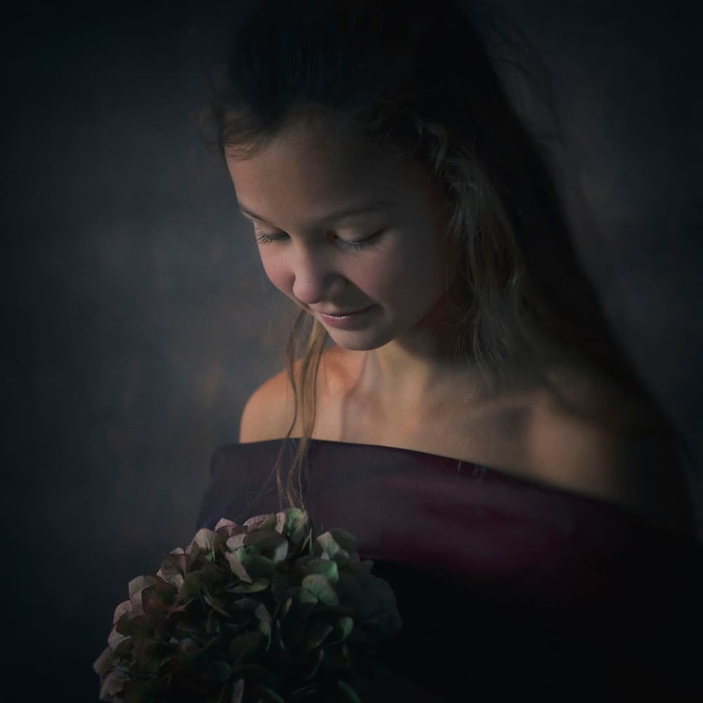 Serene Girl with Hydrangea by Jacob Tuinenga — canvas wall art