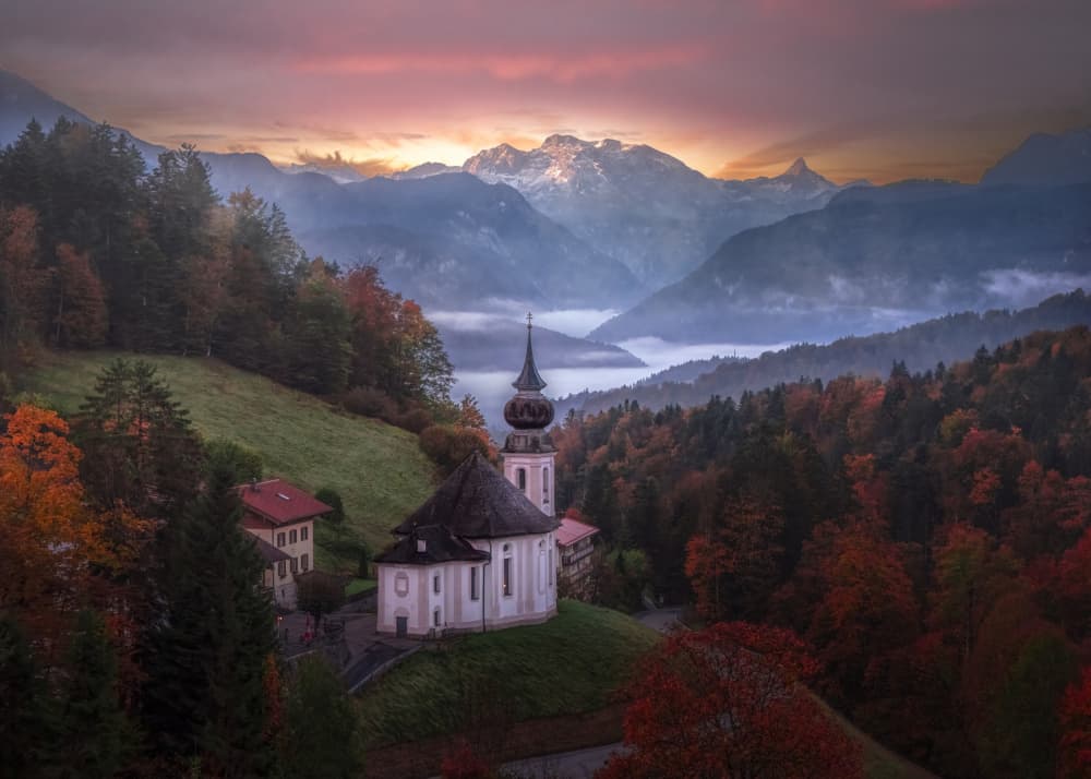 Misty Valley Alpine Church by Larry Deng APA — canvas wall art