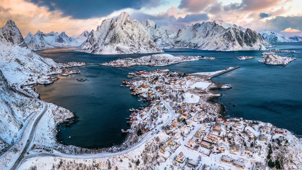 Winter Fjord Village by Adrian Popan — canvas wall art