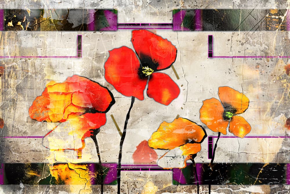 Vibrant Poppies Grunge Art by Rafal Kulik — canvas wall art