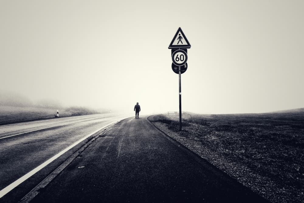 Lone Walker on Misty Road by Robert Kuavi — canvas wall art