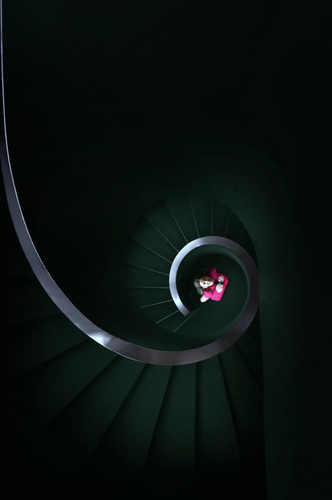 Pink Figure on Spiral Stairs by Jorge Pimenta — canvas wall art