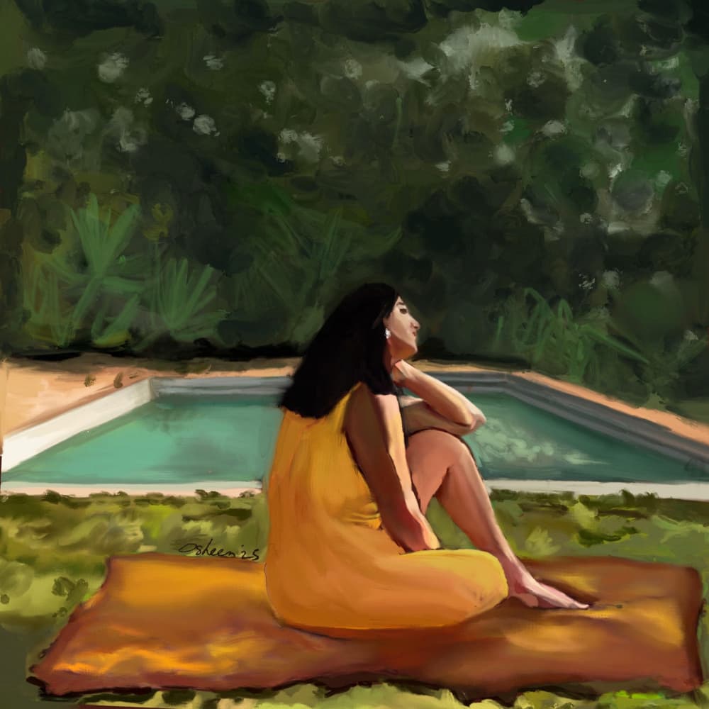 Woman Relaxing Poolside by Osheensgallery — canvas wall art