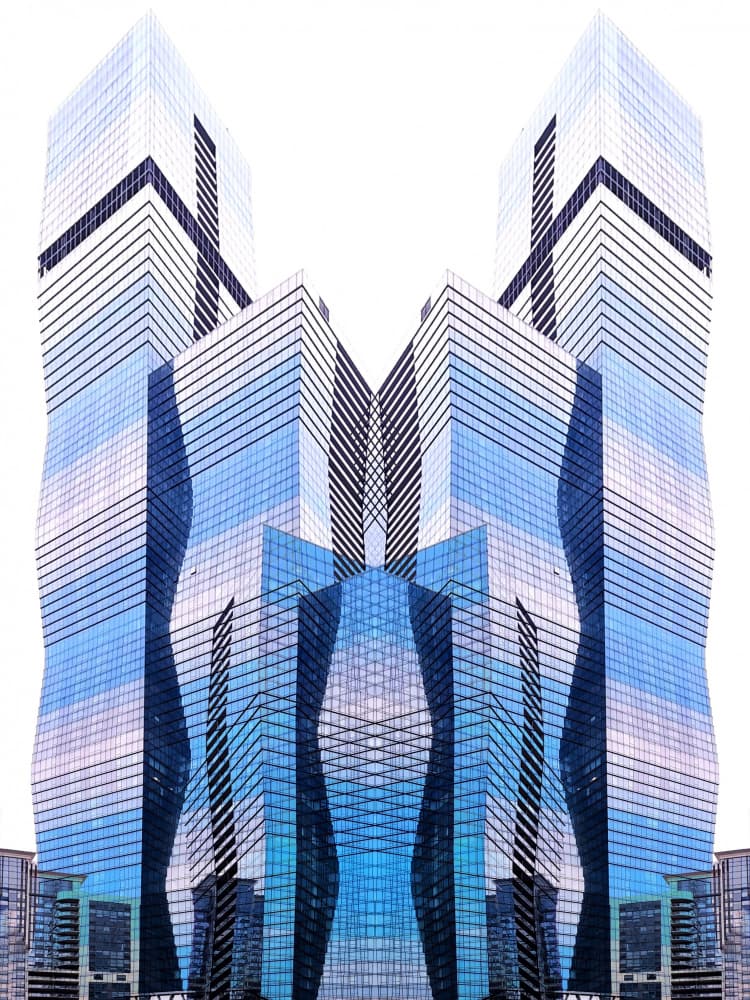 Symmetrical City Towers by Jasmine Zhang — canvas wall art