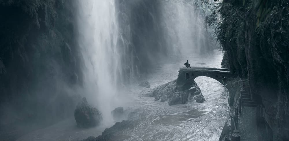 Dramatic Waterfall Bridge Journey by Bingo Z — canvas wall art
