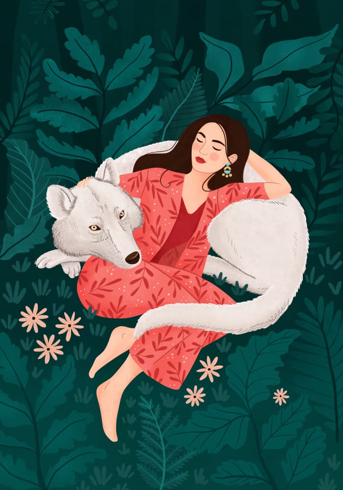 Tranquil Woman White Wolf by Petra Holíková — canvas wall art