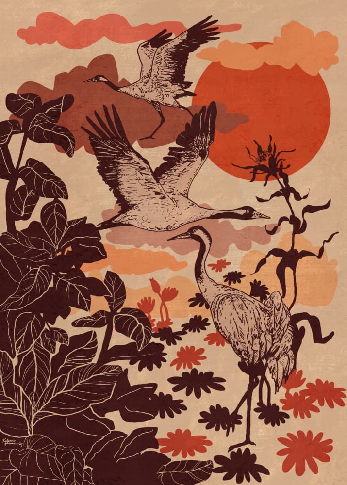Flying Cranes Tropical Sunset by Katariina Kosunen — canvas wall art