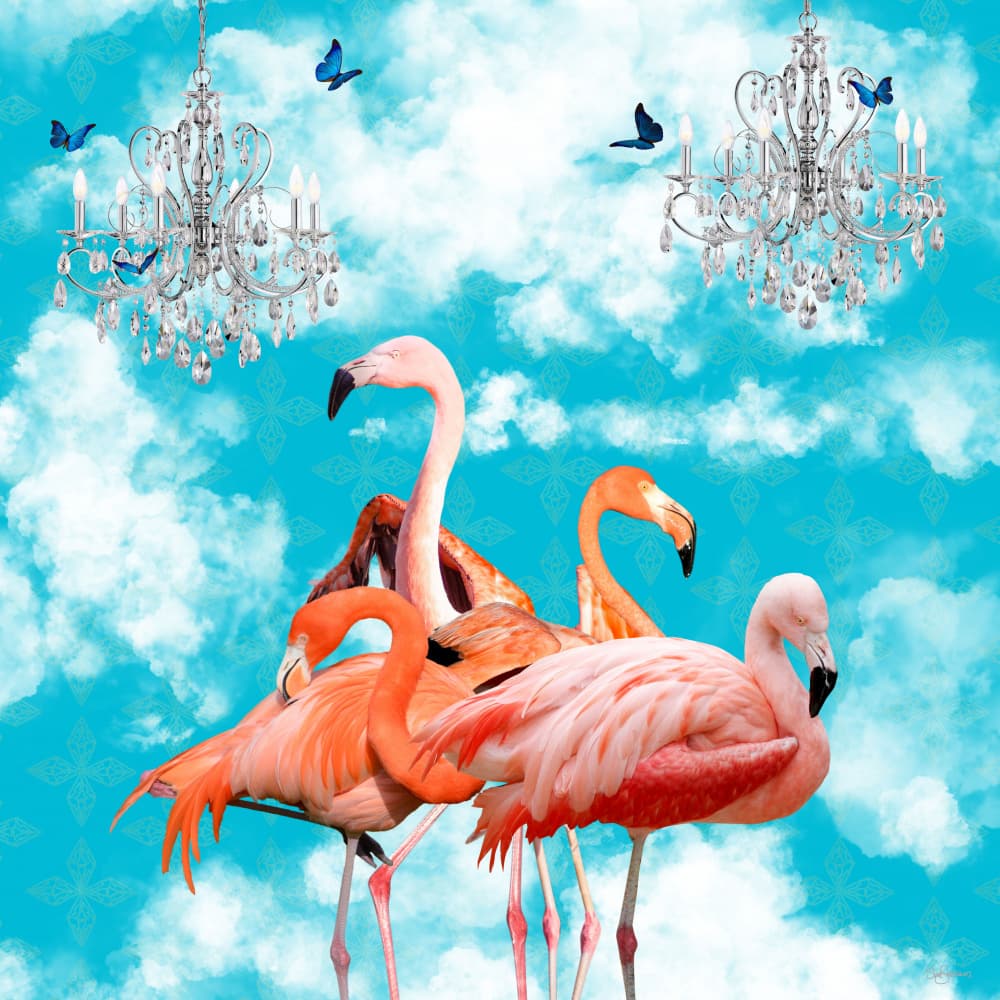 Pink Flamingos and Chandeliers by Sue Skellern — canvas wall art