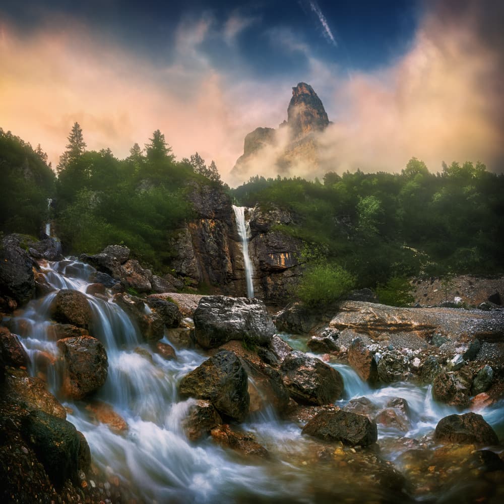 Misty Mountain Waterfalls by Krzysztof Browko — canvas wall art