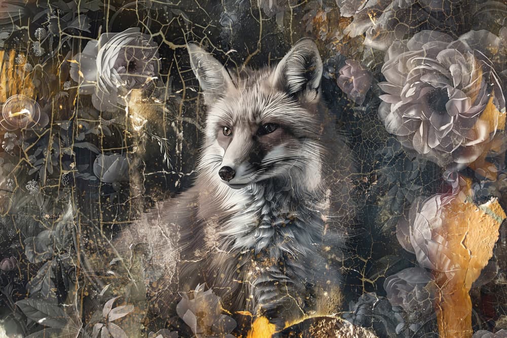 Moody Fox Golden Floral by Rafal Kulik — canvas wall art