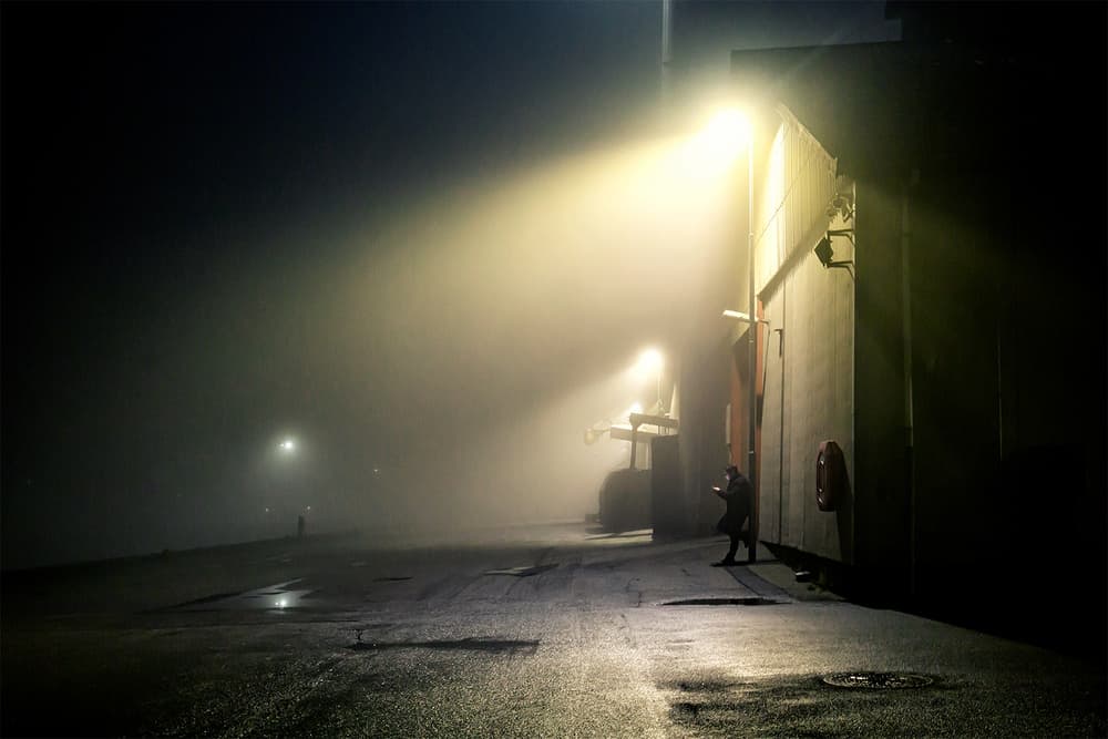 Lone Figure Foggy Night by Leif Løndal — canvas wall art