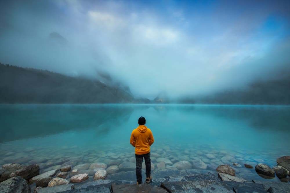 Misty Mountain Lake View by Ambar Saha — canvas wall art