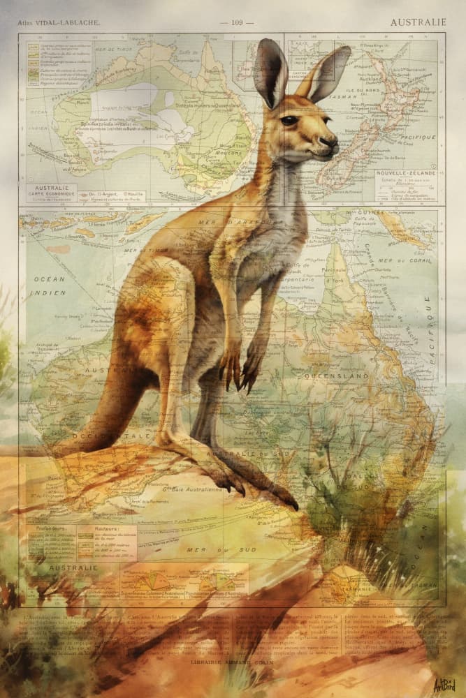 Kangaroo on Australia Map by thomas chedeville — canvas wall art
