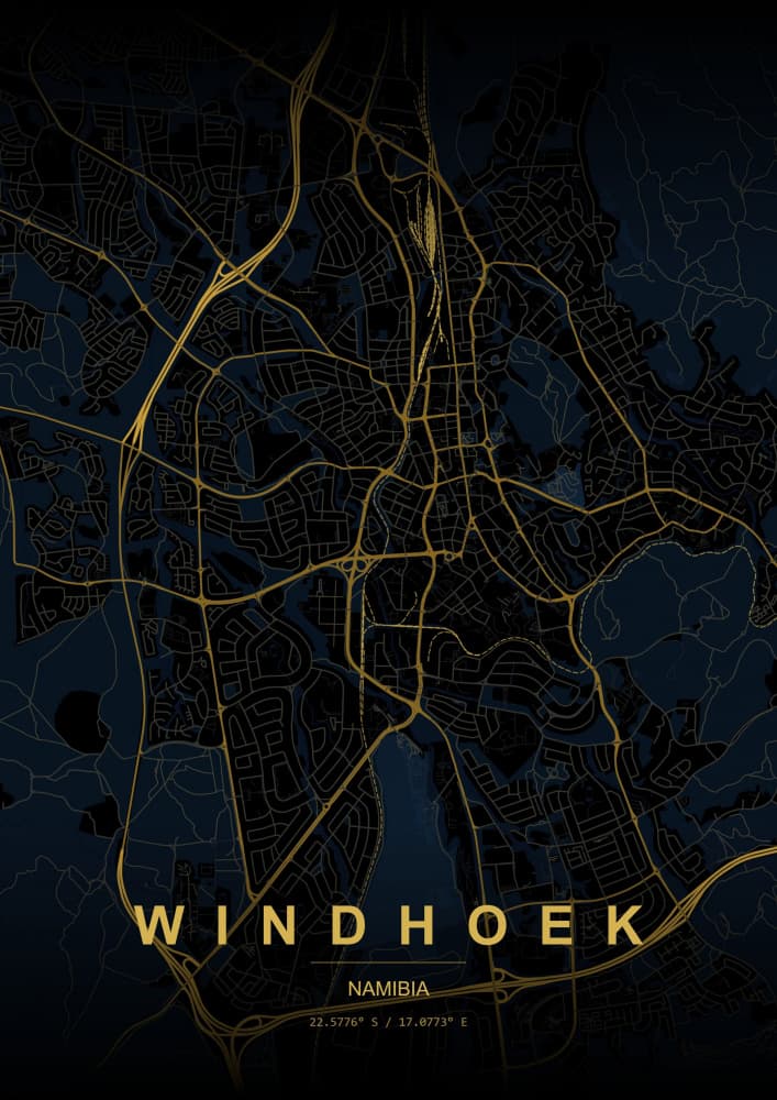 Windhoek Golden City Map by HUGO — canvas wall art