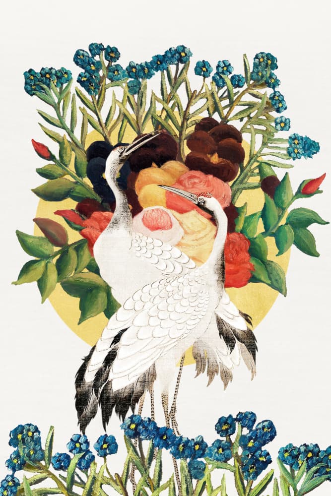 Elegant Cranes Floral Embrace by Marja van den Hurk — canvas wall art