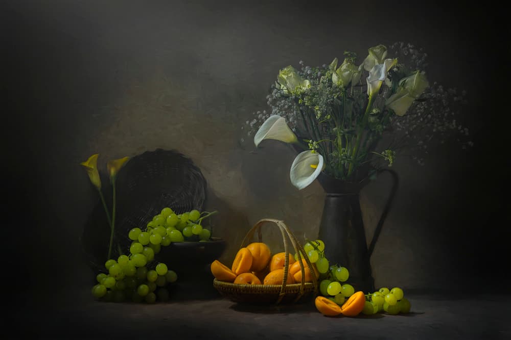 Moody Fruit and Flowers by Lydia Jacobs — canvas wall art