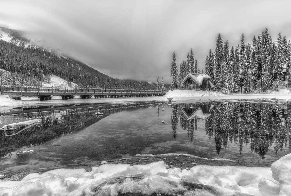 Cozy Winter Lake Cabin by Jenny Qiu — canvas wall art