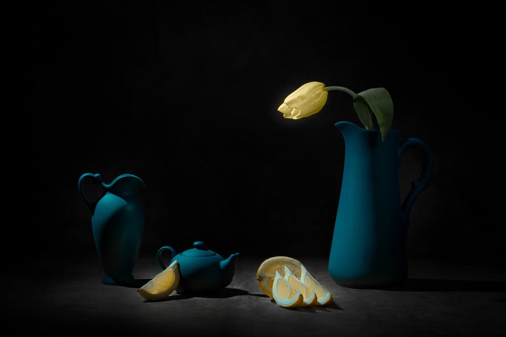 Yellow Tulip Blue Still Life by Lydia Jacobs — canvas wall art